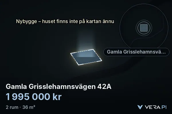 VERA PI:s bild av Gamla Grisslehamnsvägen 42A: huset i 3D, upplyst i blått, och kartan runt omkring