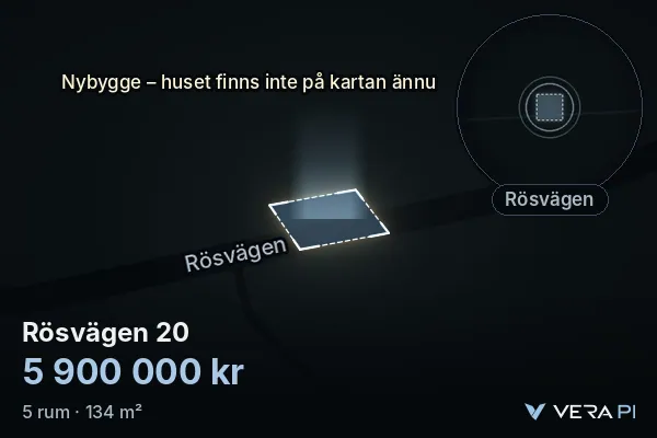 VERA PI:s bild av Rösvägen 20: huset i 3D, upplyst i blått, och kartan runt omkring