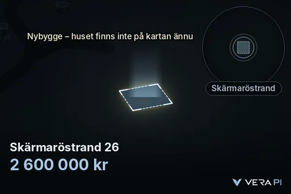 VERA PI:s bild av Skärmaröstrand 26: huset i 3D, upplyst i blått, och kartan runt omkring