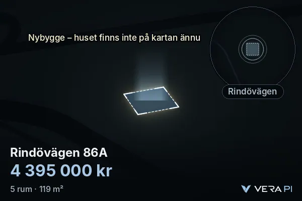 VERA PI's image of Rindövägen 86A: the building in 3D, lit in blue, and the map around it