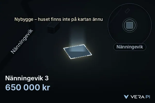 VERA PI:s bild av Nänningevik 3: huset i 3D, upplyst i blått, och kartan runt omkring