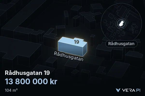 VERA PI:s bild av Rådhusgatan 19: huset i 3D, upplyst i blått, och kartan runt omkring