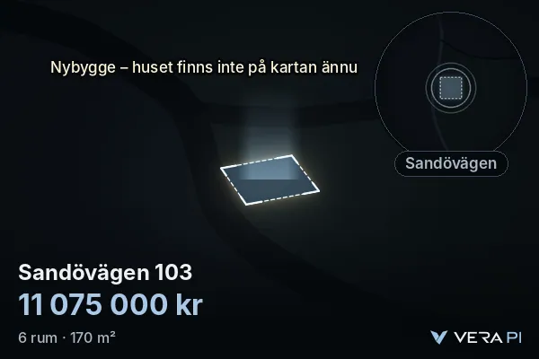 VERA PI:s bild av Sandövägen 103: huset i 3D, upplyst i blått, och kartan runt omkring