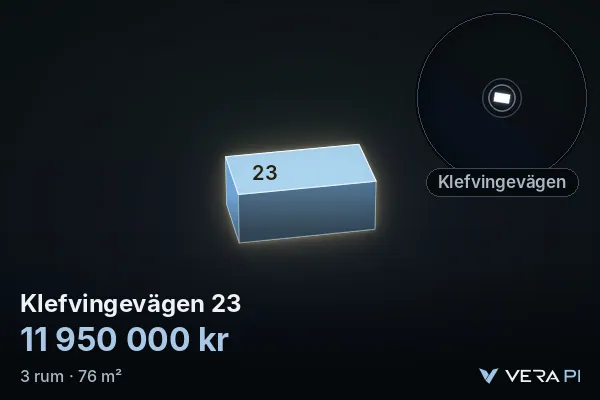 VERA PI:s bild av Klefvingevägen 23: huset i 3D, upplyst i blått, och kartan runt omkring