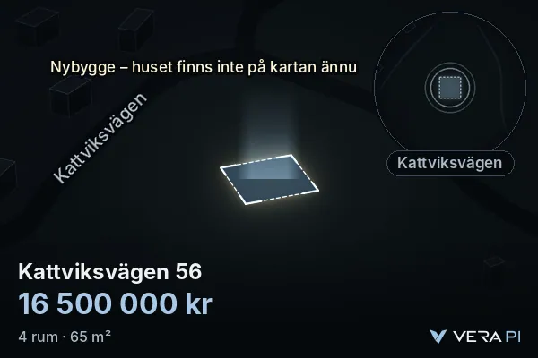 VERA PI:s bild av Kattviksvägen 56: huset i 3D, upplyst i blått, och kartan runt omkring