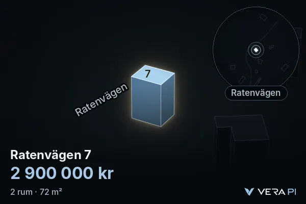 VERA PI:s bild av Ratenvägen 7: huset i 3D, upplyst i blått, och kartan runt omkring