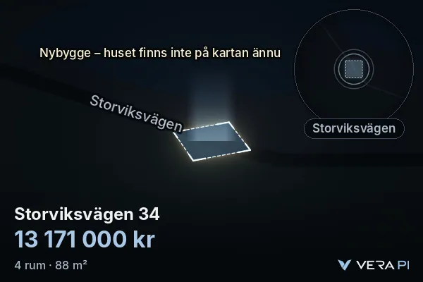 VERA PI:s bild av Storviksvägen 34: huset i 3D, upplyst i blått, och kartan runt omkring