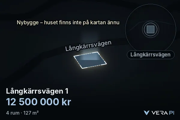 VERA PI's image of Långkärrsvägen 1: the building in 3D, lit in blue, and the map around it