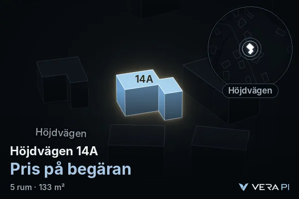 VERA PI:s bild av Höjdvägen 14A: huset i 3D, upplyst i blått, och kartan runt omkring
