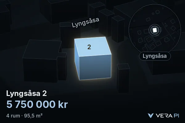 VERA PI:s bild av Lyngsåsa 2: huset i 3D, upplyst i blått, och kartan runt omkring