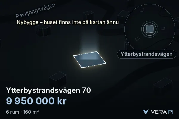 VERA PI:s bild av Ytterbystrandsvägen 70: huset i 3D, upplyst i blått, och kartan runt omkring