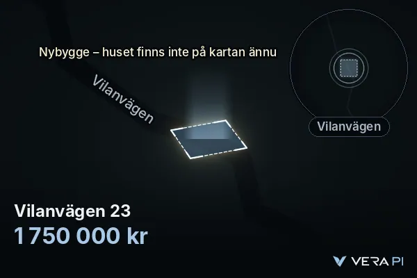 VERA PI's image of Vilanvägen 23: the building in 3D, lit in blue, and the map around it