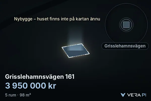 VERA PI:s bild av Grisslehamnsvägen 161: huset i 3D, upplyst i blått, och kartan runt omkring