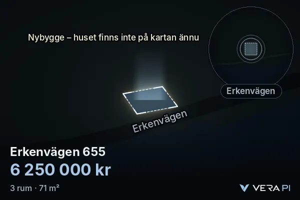 VERA PI:s bild av Erkenvägen 655: huset i 3D, upplyst i blått, och kartan runt omkring