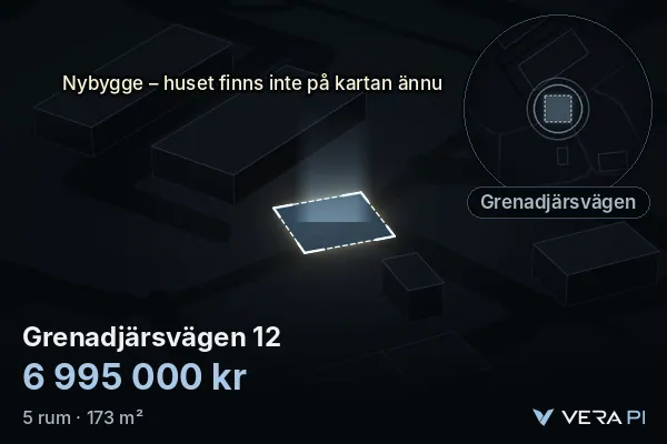 VERA PI:s bild av Grenadjärsvägen 12: huset i 3D, upplyst i blått, och kartan runt omkring