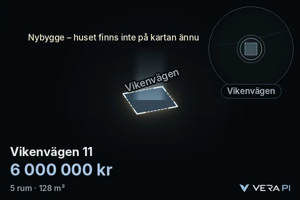 VERA PI:s bild av Vikenvägen 11: huset i 3D, upplyst i blått, och kartan runt omkring