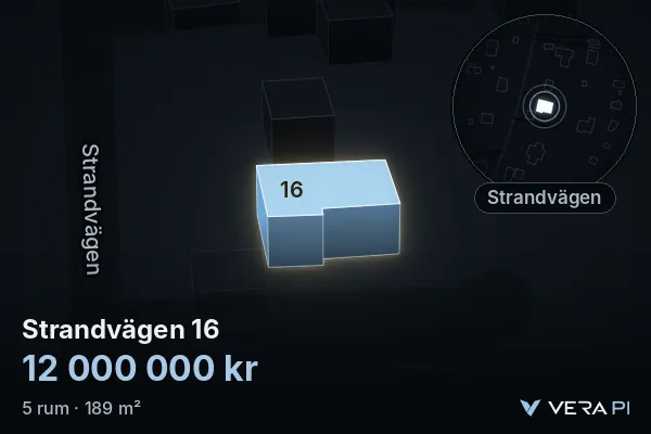 VERA PI:s bild av Strandvägen 16: huset i 3D, upplyst i blått, och kartan runt omkring