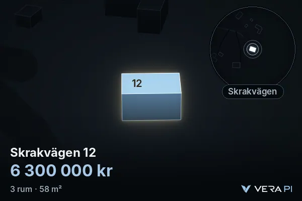 VERA PI:s bild av Skrakvägen 12: huset i 3D, upplyst i blått, och kartan runt omkring