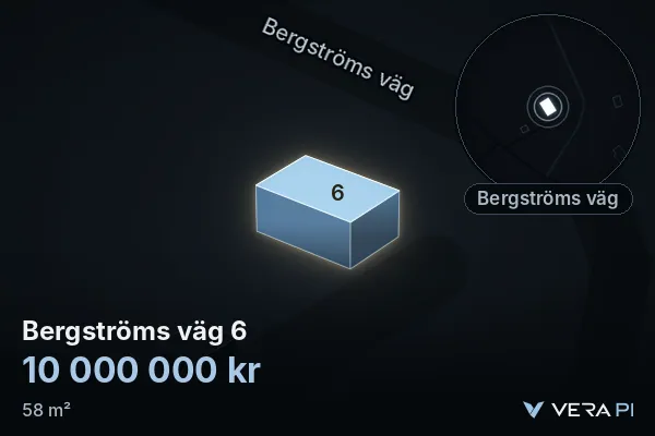VERA PI:s bild av Bergströms väg 6: huset i 3D, upplyst i blått, och kartan runt omkring