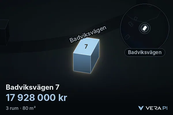 VERA PI:s bild av Badviksvägen 7: huset i 3D, upplyst i blått, och kartan runt omkring