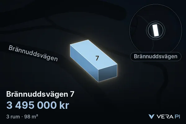 VERA PI's image of Brännuddsvägen 7: the building in 3D, lit in blue, and the map around it