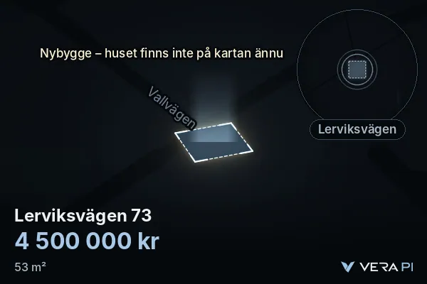 VERA PI:s bild av Lerviksvägen 73: huset i 3D, upplyst i blått, och kartan runt omkring