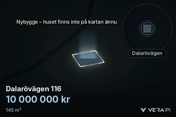 VERA PI:s bild av Dalarövägen 116: huset i 3D, upplyst i blått, och kartan runt omkring