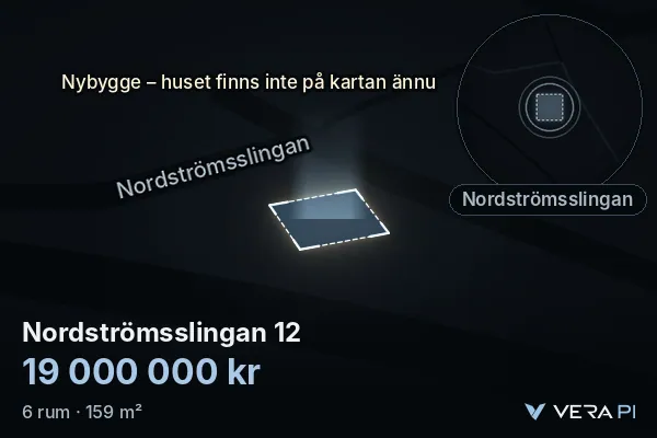 VERA PI:s bild av Nordströmsslingan 12: huset i 3D, upplyst i blått, och kartan runt omkring