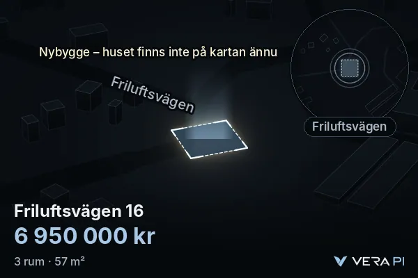 VERA PI:s bild av Friluftsvägen 16: huset i 3D, upplyst i blått, och kartan runt omkring