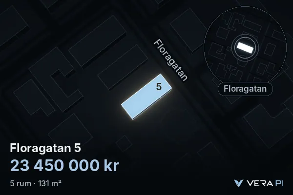 VERA PI:s bild av Floragatan 5: huset i 3D, upplyst i blått, och kartan runt omkring