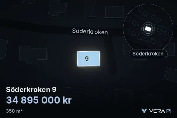 VERA PI's image of Söderkroken 9: the building in 3D, lit in blue, and the map around it
