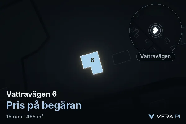 VERA PI's image of Vattravägen 6: the building in 3D, lit in blue, and the map around it