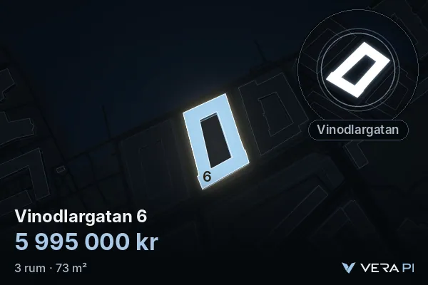 VERA PI's image of Vinodlargatan 6: the building in 3D, lit in blue, and the map around it