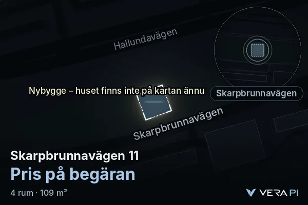 VERA PI:s bild av Skarpbrunnavägen 11: huset i 3D, upplyst i blått, och kartan runt omkring