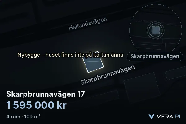VERA PI's image of Skarpbrunnavägen 17: the building in 3D, lit in blue, and the map around it