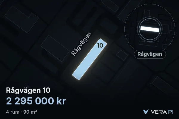 VERA PI's image of Rågvägen 10: the building in 3D, lit in blue, and the map around it