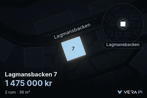 VERA PI's image of Lagmansbacken 7: the building in 3D, lit in blue, and the map around it