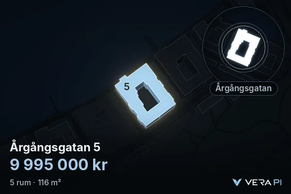 VERA PI's image of Årgångsgatan 5: the building in 3D, lit in blue, and the map around it
