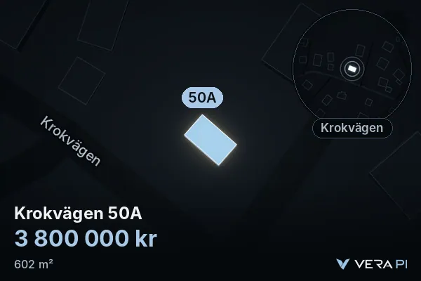 VERA PI:s bild av Krokvägen 50A: huset i 3D, upplyst i blått, och kartan runt omkring