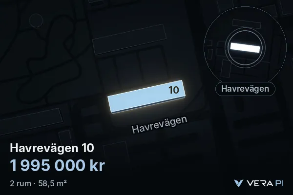 VERA PI's image of Havrevägen 10: the building in 3D, lit in blue, and the map around it