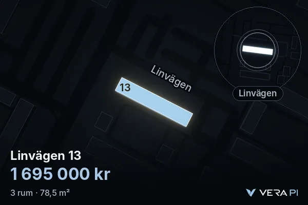 VERA PI's image of Linvägen 13: the building in 3D, lit in blue, and the map around it