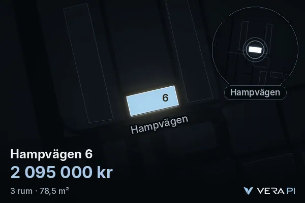 VERA PI's image of Hampvägen 6: the building in 3D, lit in blue, and the map around it