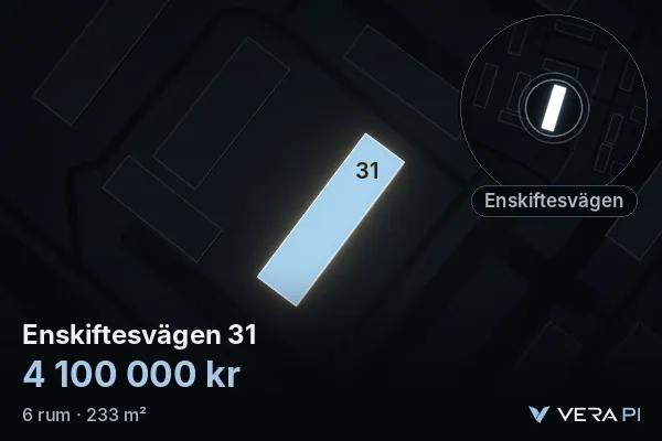 VERA PI's image of Enskiftesvägen 31: the building in 3D, lit in blue, and the map around it