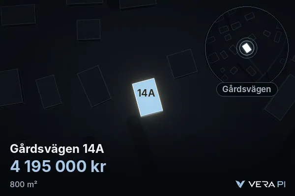 VERA PI:s bild av Gårdsvägen 14A: huset i 3D, upplyst i blått, och kartan runt omkring