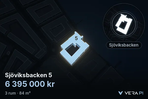 VERA PI's image of Sjöviksbacken 5: the building in 3D, lit in blue, and the map around it