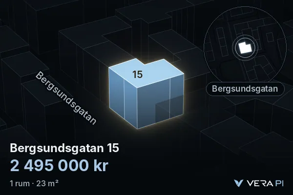 VERA PI:s bild av Bergsundsgatan 15: huset i 3D, upplyst i blått, och kartan runt omkring