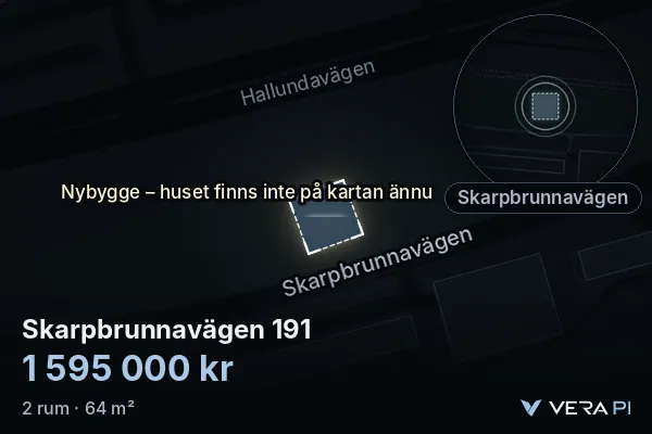 VERA PI's image of Skarpbrunnavägen 191: the building in 3D, lit in blue, and the map around it