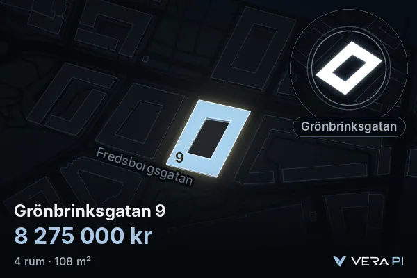 VERA PI's image of Grönbrinksgatan 9: the building in 3D, lit in blue, and the map around it