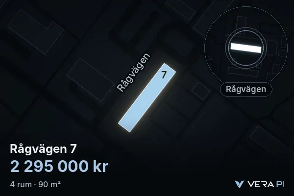 VERA PI's image of Rågvägen 7: the building in 3D, lit in blue, and the map around it