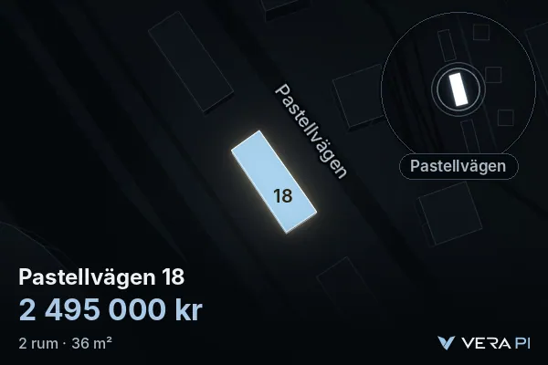 VERA PI:s bild av Pastellvägen 18: huset i 3D, upplyst i blått, och kartan runt omkring